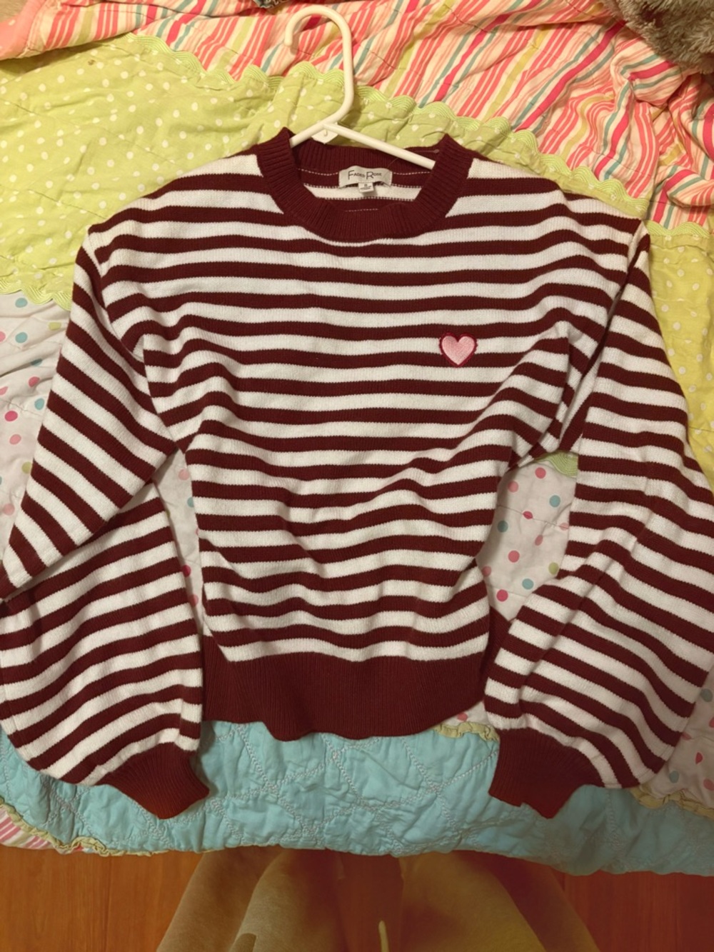 Striped Maroon and White Crewneck Sweater with Pink Heart